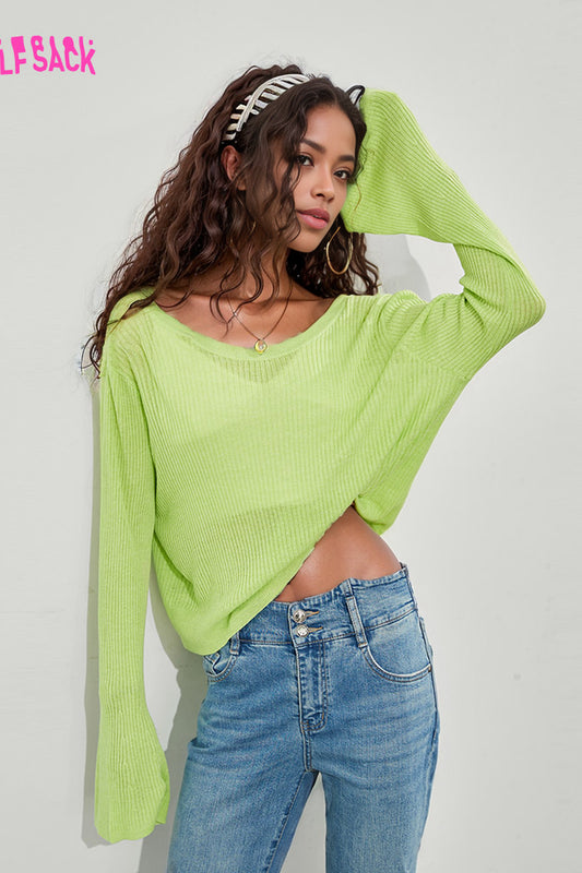 Elf Sack Back Cut Out Green Thin Blouse